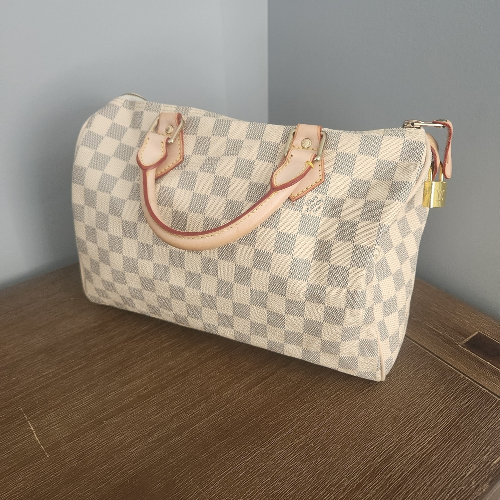 Designer-Inspired Cream Check Satchel with Tan Leather Handles